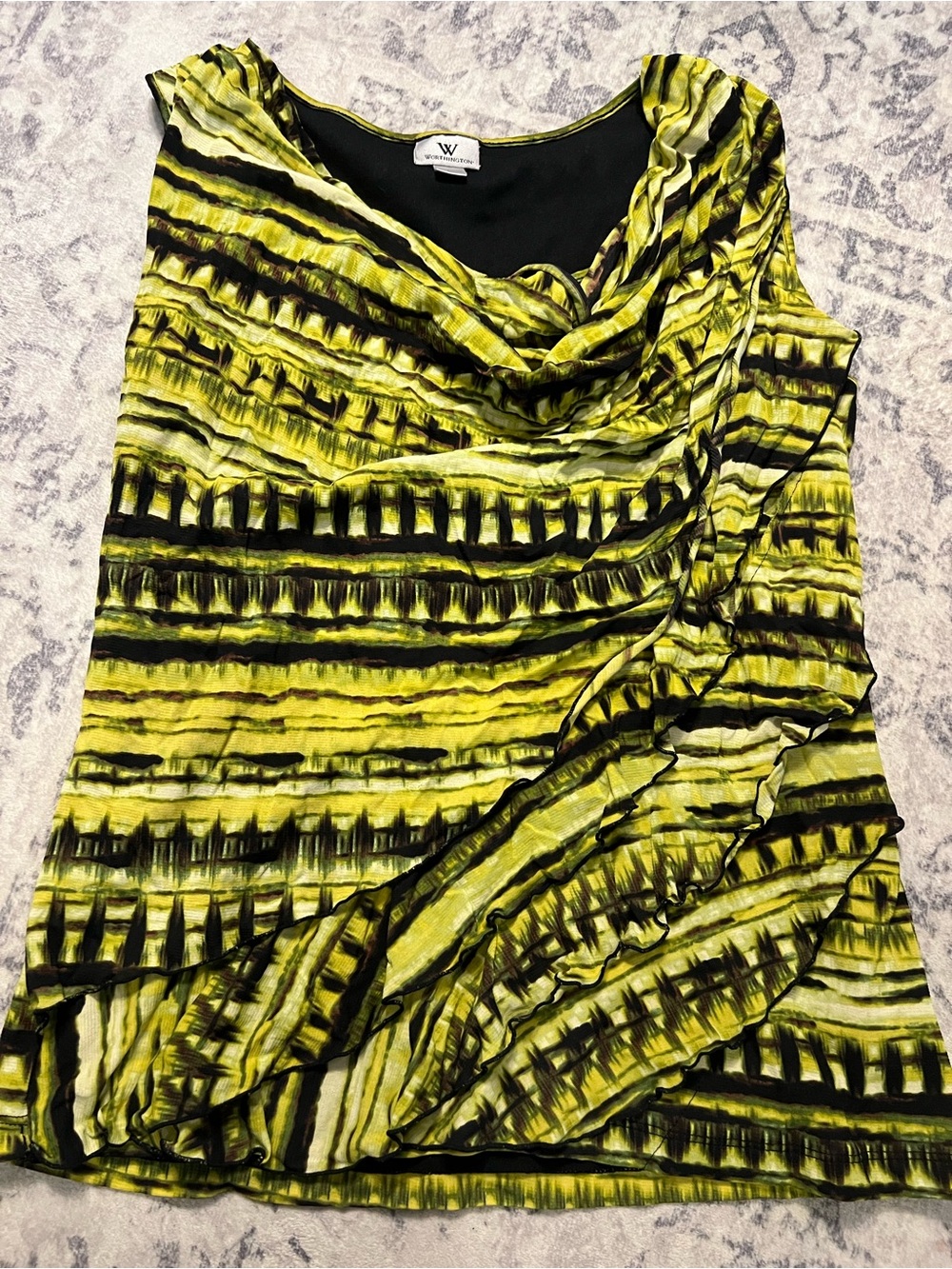 Worthington Yellow and Black Abstract Draped Sleeveless Top